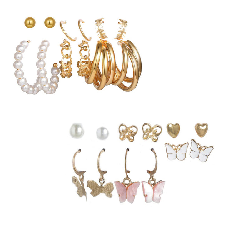 Combo of 12 Pair Lavish Gold Plated Pearl Heart Studs And Hoop Earrings