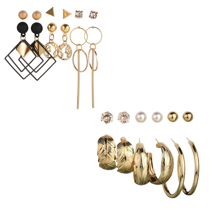 Combo of 12 Pair Stylish Gold Plated Pearl Studs and Leaf Hoop Earrings