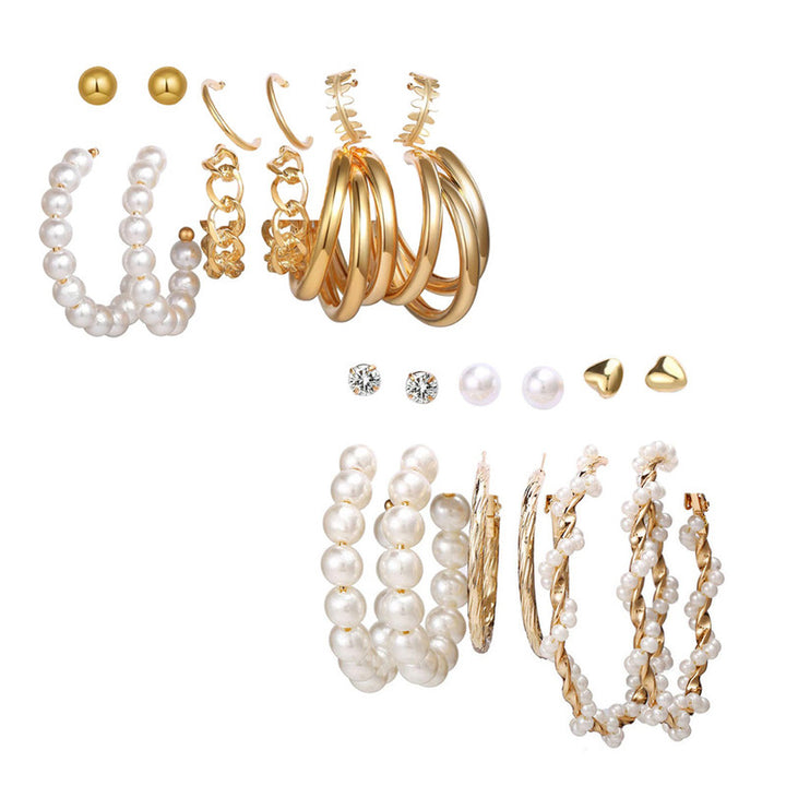 Combo of 12 Pair Gorgeous Gold Plated Pearl Crystal Heart Studs & Hoop Earrings