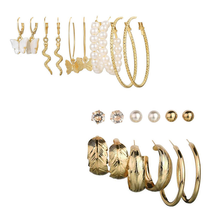 Combo of 11 Pair Stylish Gold Plated Pearl Studs and Leaf Hoop Earrings