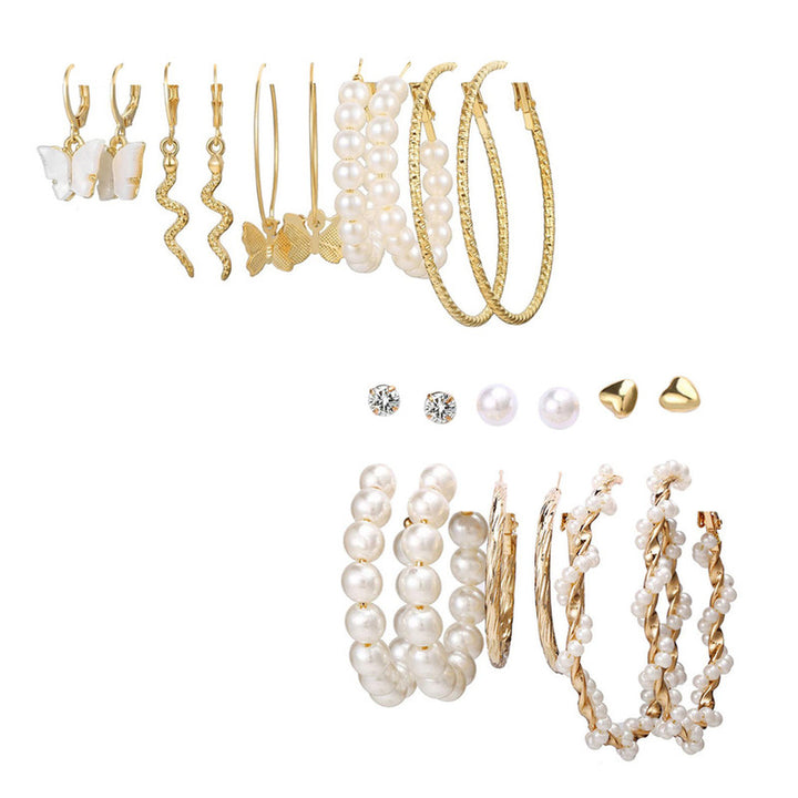 Combo of 11 Pair Trendy Gold Plated Pearl Crystal Heart Studs and Hoop Earrings