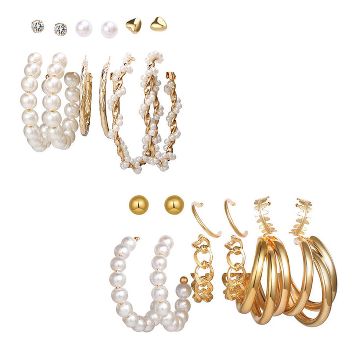 Combo of 12 Pair Lavish Gold Plated Chain & Pearl Hoop, Hoop and Studs Earrings
