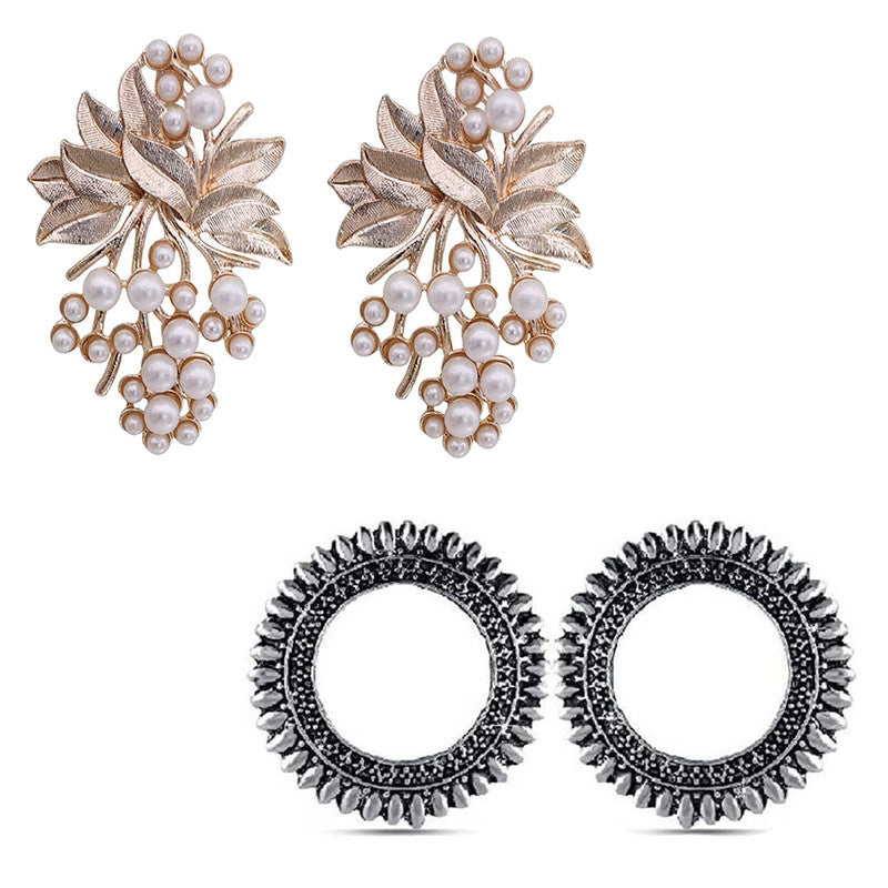Combo of 2 Round Shaped Antique and Flower Pearl Stud Earrings