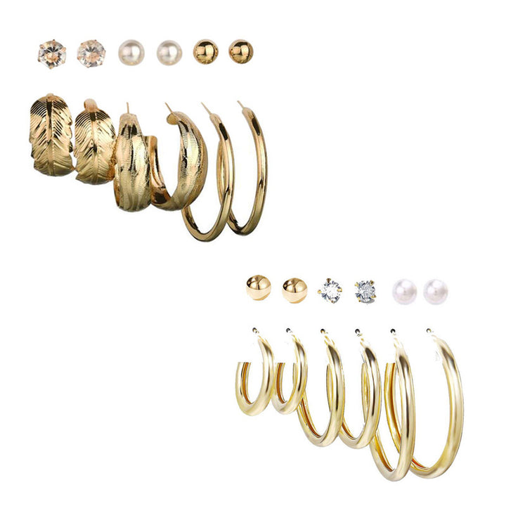 Combo of 12 Pair Stylish Gold Plated Pearl Crystal Studs and big Hoop Earrings