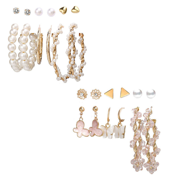 Combo of 12 Pair Enamelled Gold Plated Pearl Flower Studs and Hoop Earrings