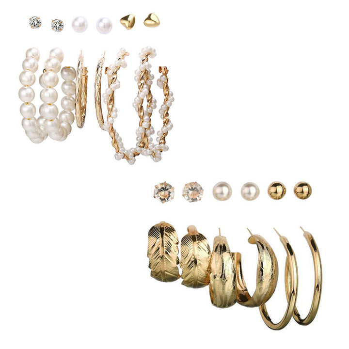 Combo of 12 Pair Attractive White Pearl Crystal Heart Studs and Hoop Earrings