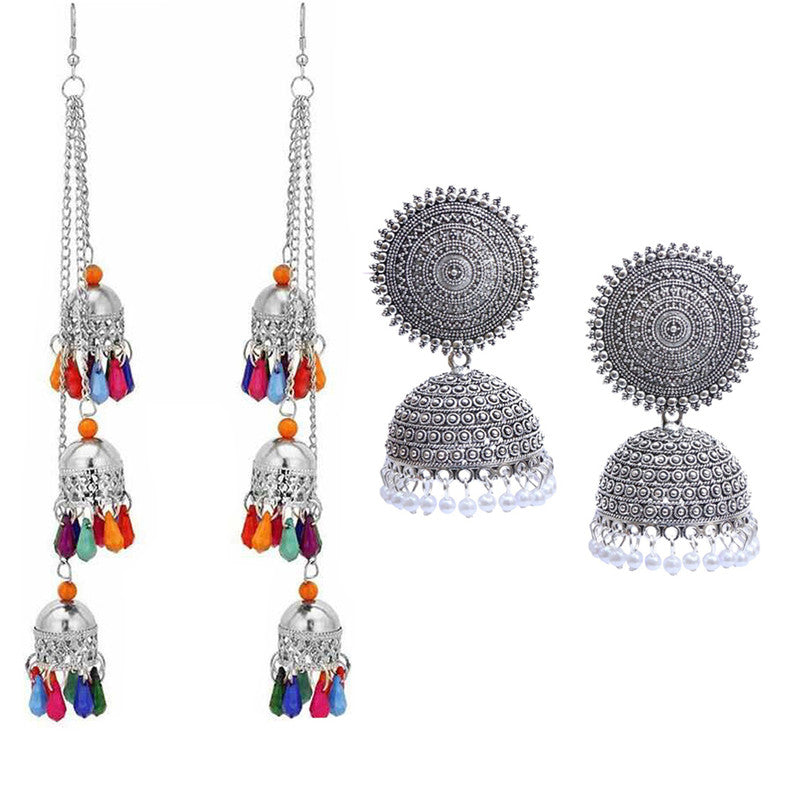 Combo of 2 Traditional Pearl stud Earrings and Multicolor layered Ghungroo Earrings