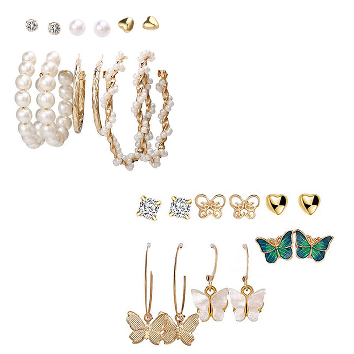 Combo of 12 Pair Lavish Gold Plated Butterfly Crystal Studs and hoop Earrings