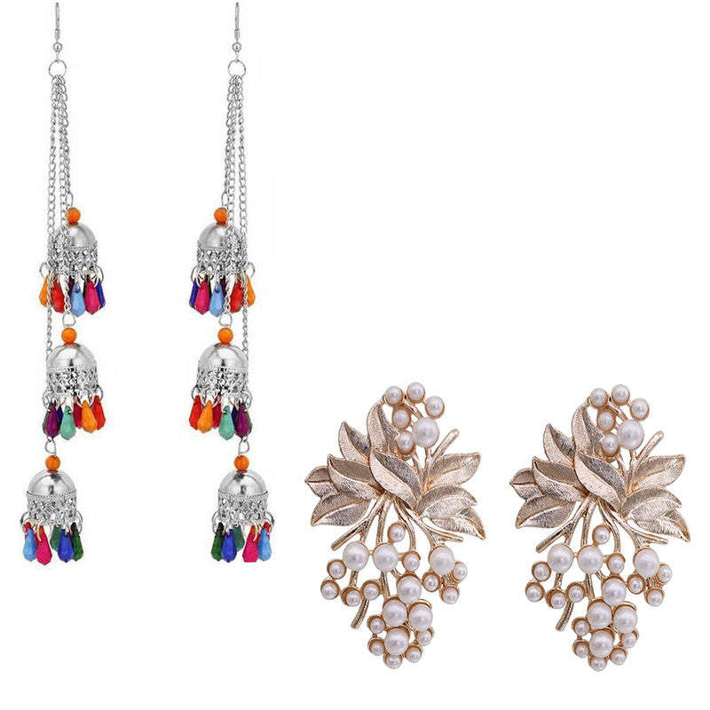 Combo of 2 Stylish Flower Pearl Stud and Multicolor layered Ghungroo Earrings