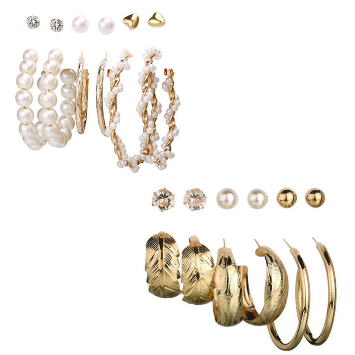 Combo of 12 Pair Gorgeous Gold Plated Pearl Studs and Leaf Hoop Earrings