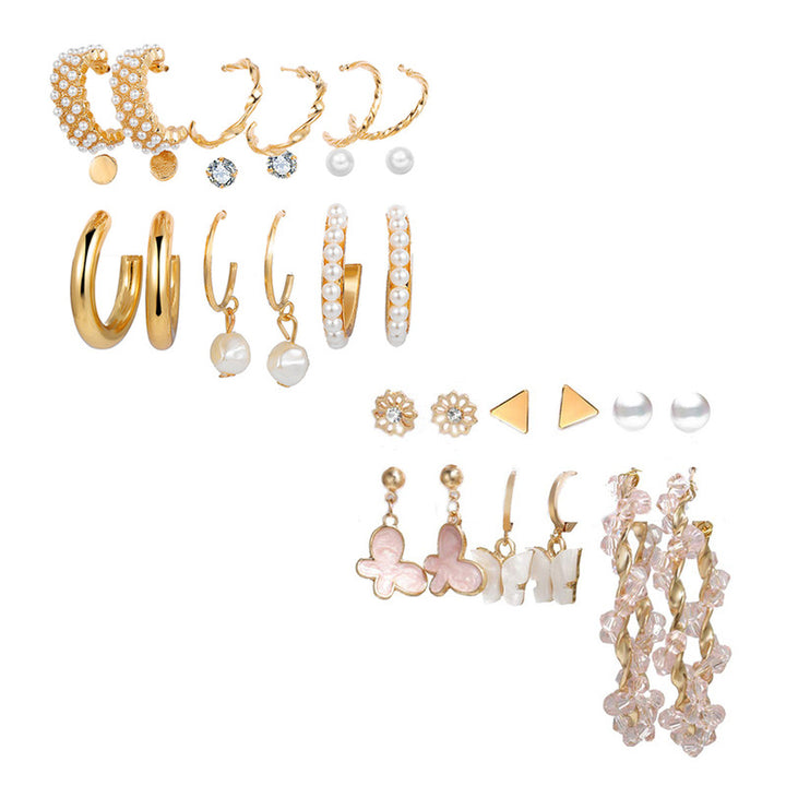 Combo of 15 Pair Attractive Gold Plated Pearl Flower Studs and Hoop Earrings