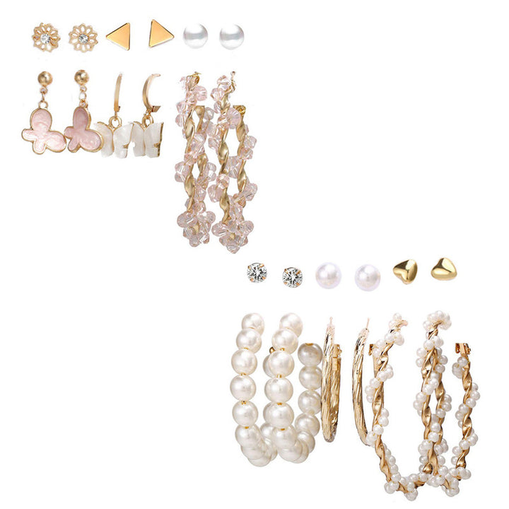 Combo of 12 Pair Gorgeous White Pearl Crystal Heart Studs and Hoop Earrings