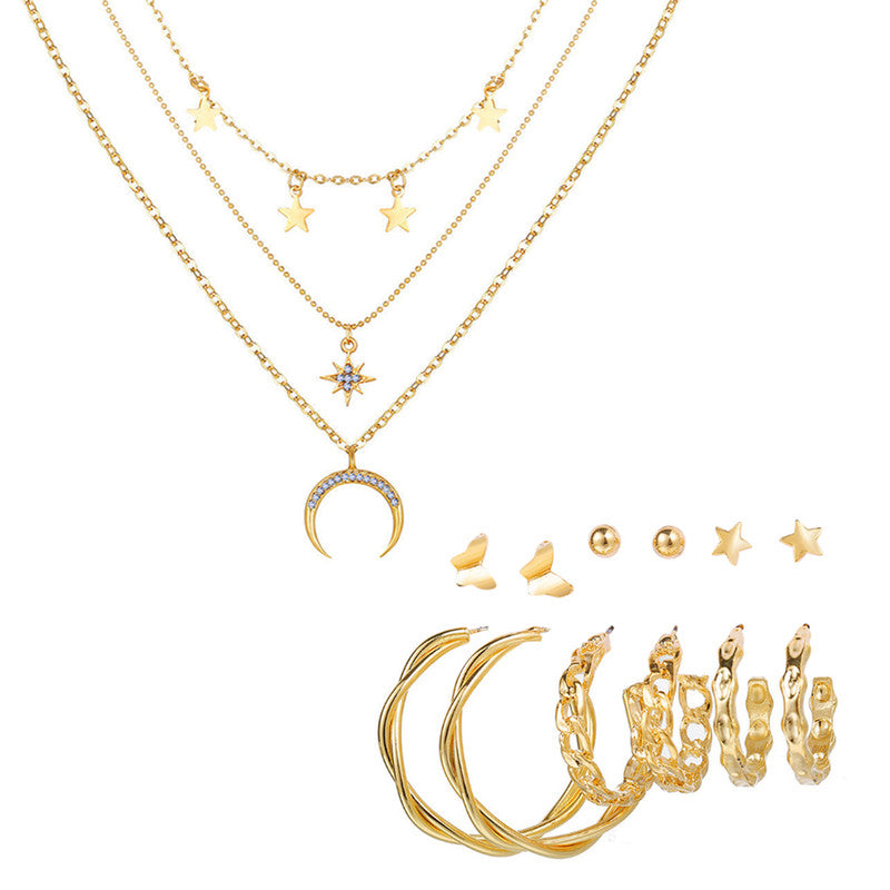 Combo Of Studded Star Moon Pendant With Earring Set