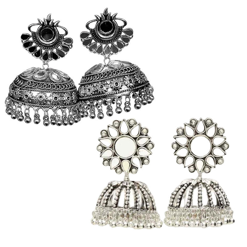 Combo of 2 Metal Oxidized Silver Big Mirror and Stud Jhumki Earrings For Women