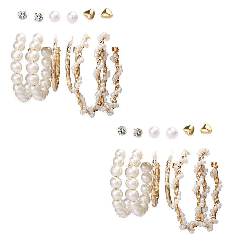 Combo of 12 Pair Pretty Gold Plated Pearl Crystal Heart Studs and Hoop Earrings