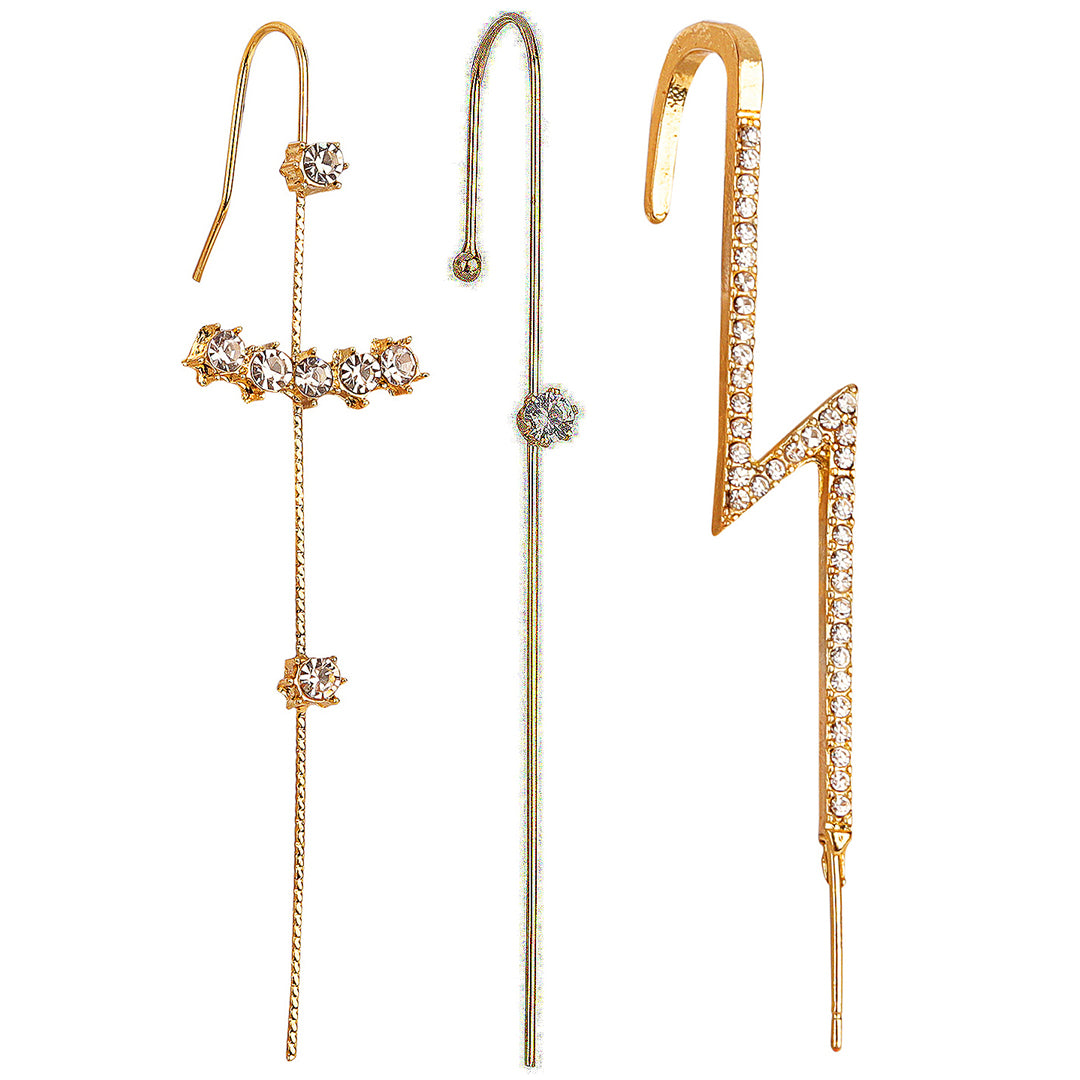 Pack Of 3 Zircon Studded And Thunderbolt Ear Cuff