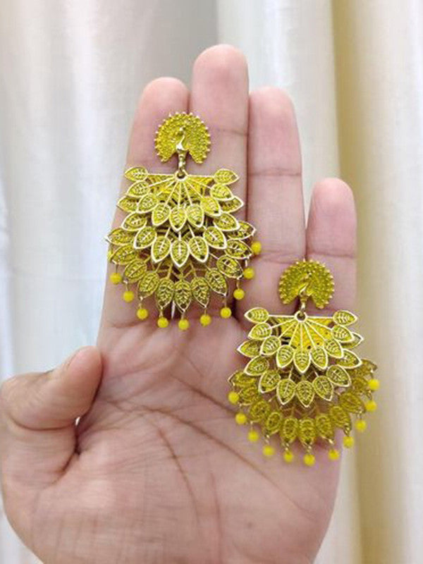 Vembley Yellow Pearl Drop Peacock Shaped Dangler Drop Earrings