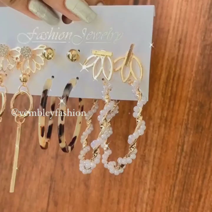 6 Pair Pearl Marble Hoop And Flower Stud Earrings