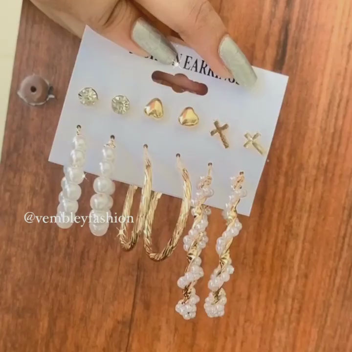 6 Pair Pearl Hoop and Stone Heart Stud Earrings