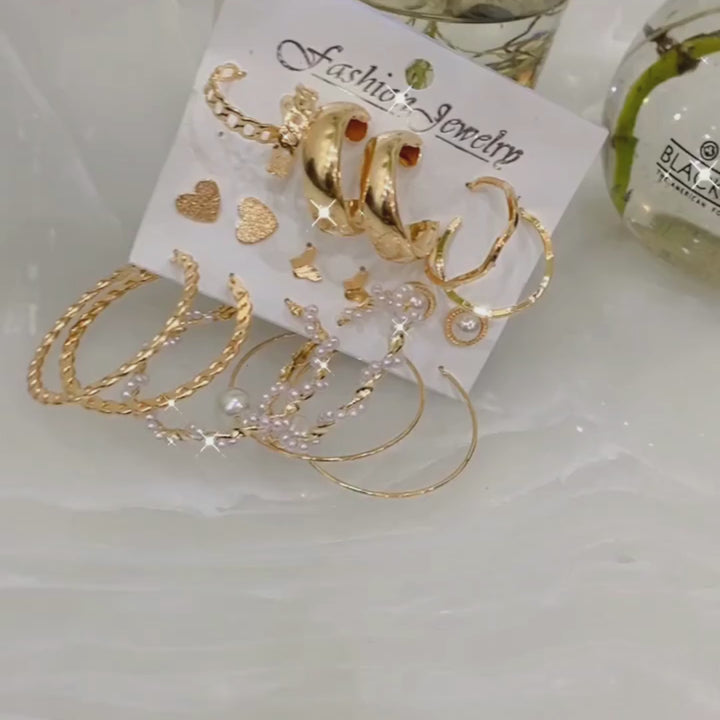 9 Pair Pearl, Hoop, And, Heart Butterfly Stud Earrings