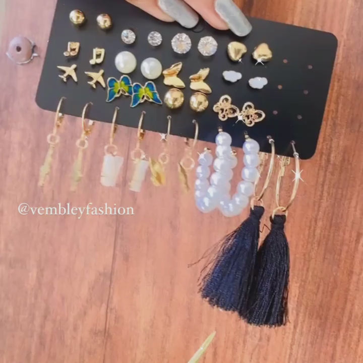 17 Pair Pearl Hoop and Butterfly Heart Stud Earrings