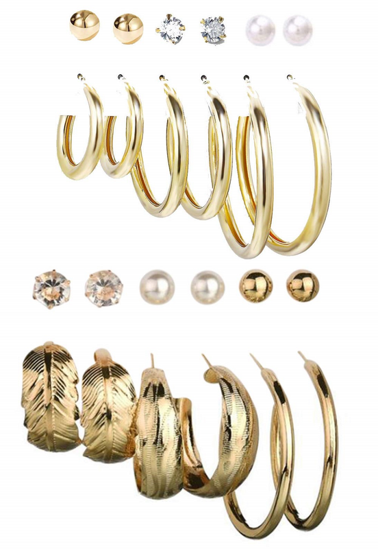 Combo Of 12 Pair Stunning Gold Plated Pearl Studs and Plain Big Hoop Earrings