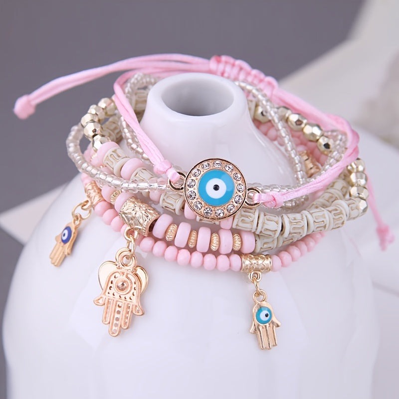 Vembley Elegant Bohemian 6 Bracelet Set featuring Evil Eye, Hamsa charms, beaded layers, adjustable cord, and metallic accents bracelet for women and girls