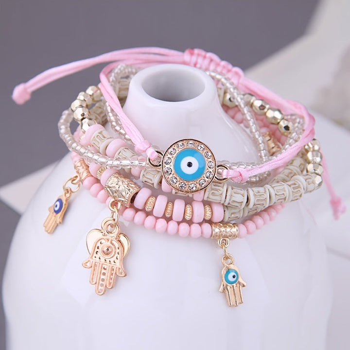 Vembley Elegant Bohemian 6 Bracelet Set featuring Evil Eye, Hamsa charms, beaded layers, adjustable cord, and metallic accents bracelet for women and girls