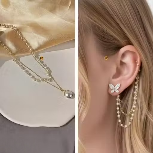 Vembley Elegant Butterfly Pearl Chain Drop Earrings And Necklace for Women