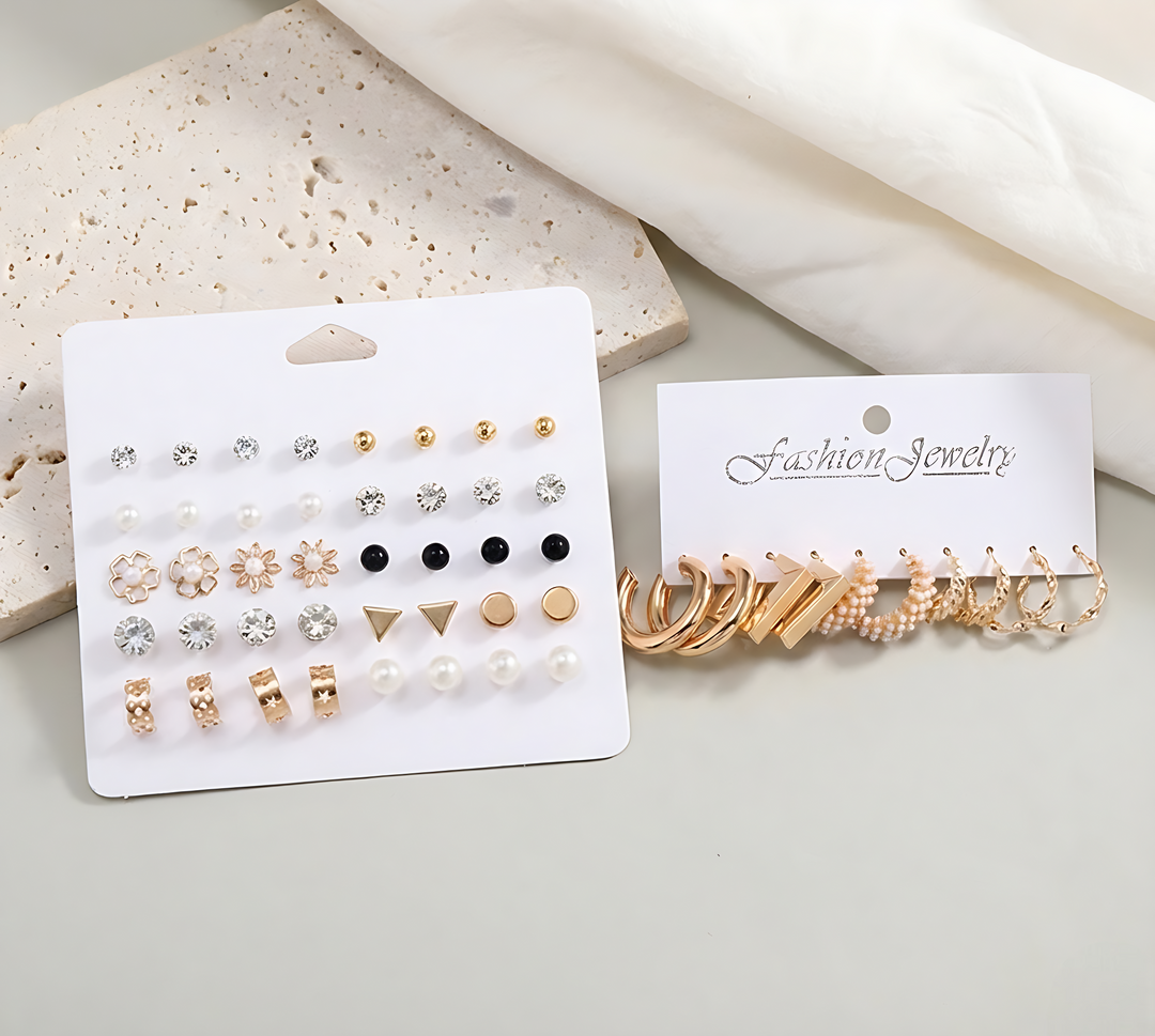 Vembley 25 pair hoop and stud earrings set with pearl and stone designs perfect for women and girls
