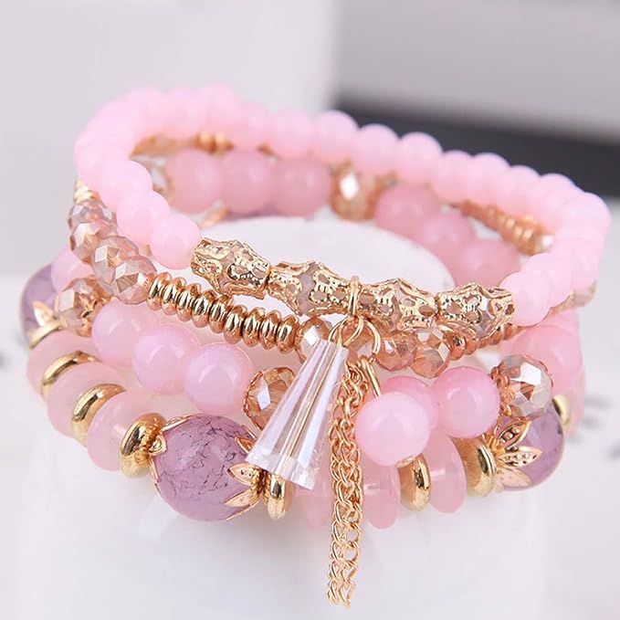 Vembley Boho Stackable Bracelets for Women Set, 4 Pack Girls Stretch Multilayer Stack Beads Pink Beaded Charm Bracelets