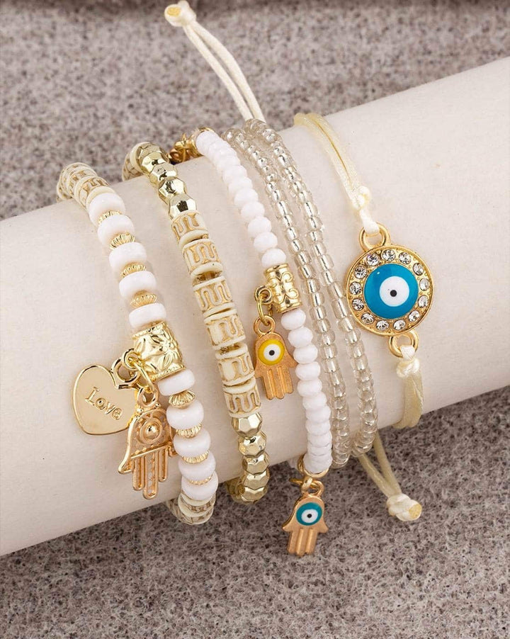 Vembley Elegant Bohemian 6 Bracelet Set featuring Evil Eye, Hamsa charms, beaded layers, adjustable cord, and metallic accents bracelet for women and girls