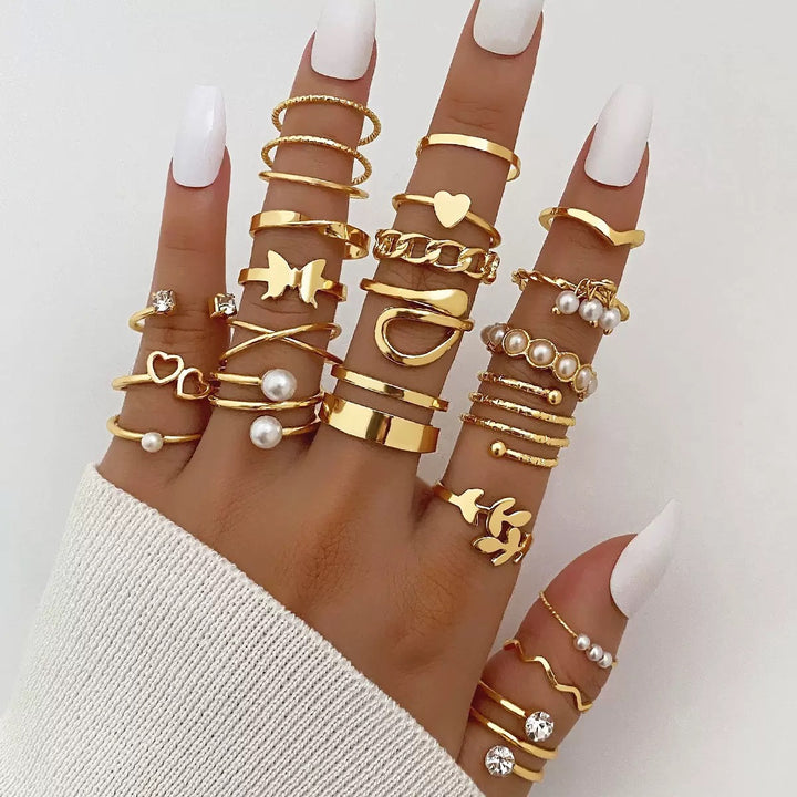 Vembley Gold Plated Pearl & Heart Stackable Rings Set Trendy Fashion Rings for Women