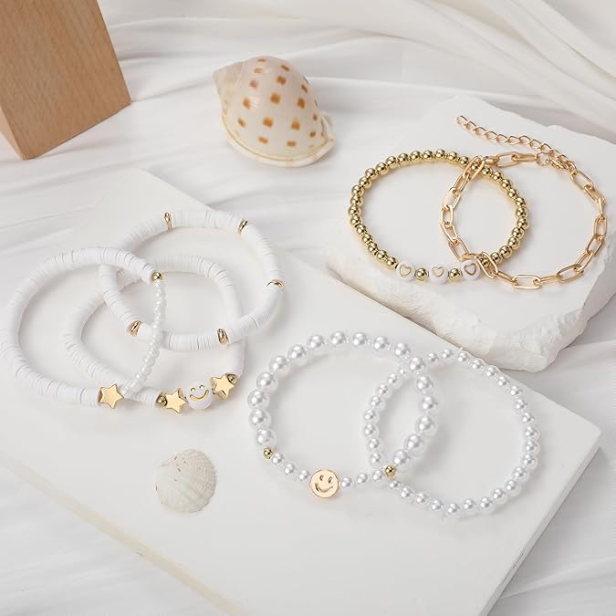 Vembley Trendy 7-Layer White and Gold Beaded Stackable Bracelet Set for Women with Smiley, Heart & Star Charms Chic Multilayer Stretch Boho Wrist Jewelry