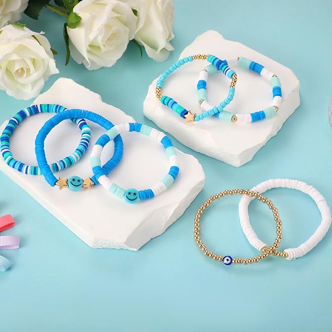 Vembley Trendy 7-Layer Blue and Gold Beaded Stackable Bracelet Set for Women with Smiley, Heart & Star Charms Chic Multilayer Stretch Boho Wrist Jewelry