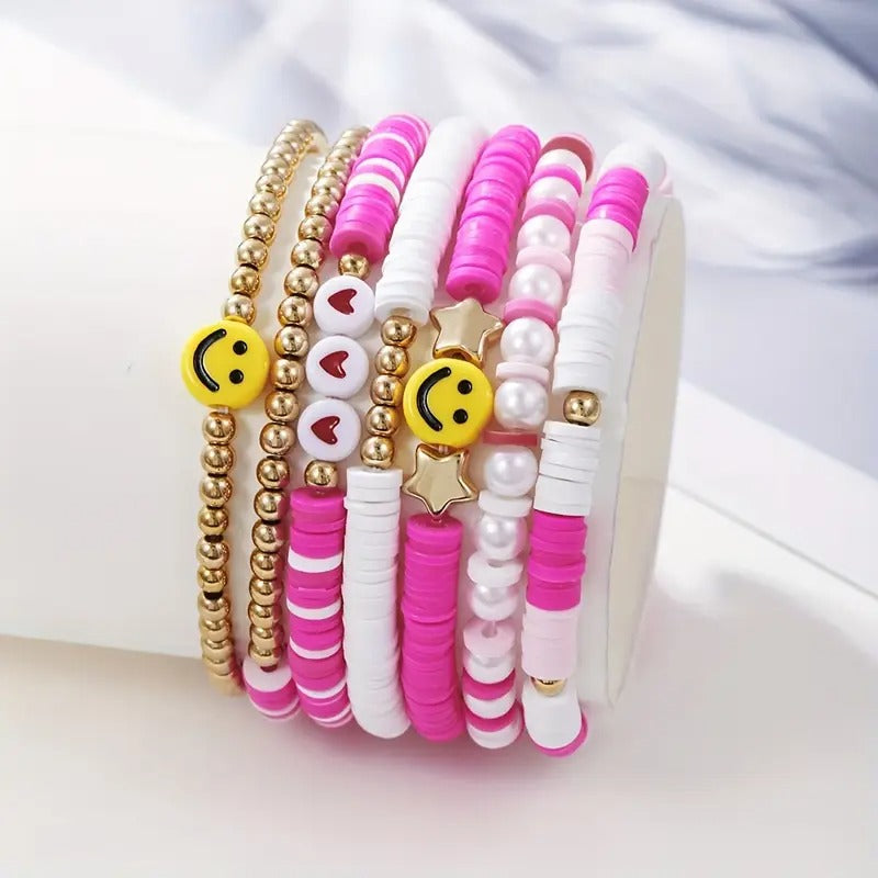 Vembley Trendy 7-Layer Pink and Gold Beaded Stackable Bracelet Set for Women with Smiley, Heart & Star Charms Chic Multilayer Stretch Boho Wrist Jewelry