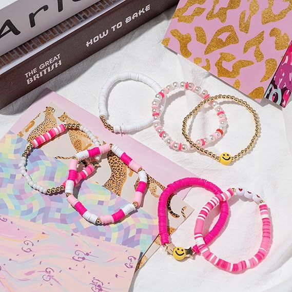 Vembley Trendy 7-Layer Pink and Gold Beaded Stackable Bracelet Set for Women with Smiley, Heart & Star Charms Chic Multilayer Stretch Boho Wrist Jewelry