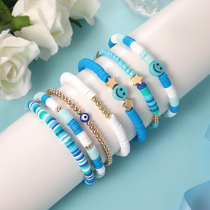 Vembley Trendy 7-Layer Blue and Gold Beaded Stackable Bracelet Set for Women with Smiley, Heart & Star Charms Chic Multilayer Stretch Boho Wrist Jewelry