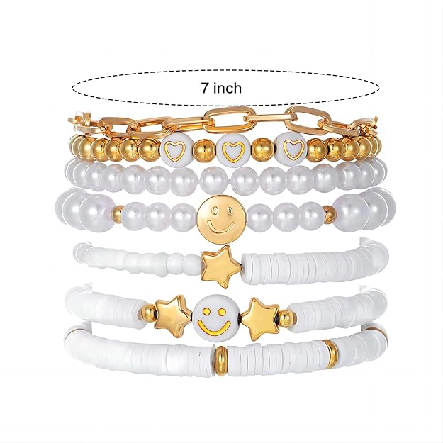 Vembley Trendy 7-Layer White and Gold Beaded Stackable Bracelet Set for Women with Smiley, Heart & Star Charms Chic Multilayer Stretch Boho Wrist Jewelry