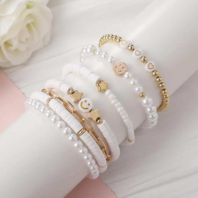 Vembley Trendy 7-Layer White and Gold Beaded Stackable Bracelet Set for Women with Smiley, Heart & Star Charms Chic Multilayer Stretch Boho Wrist Jewelry