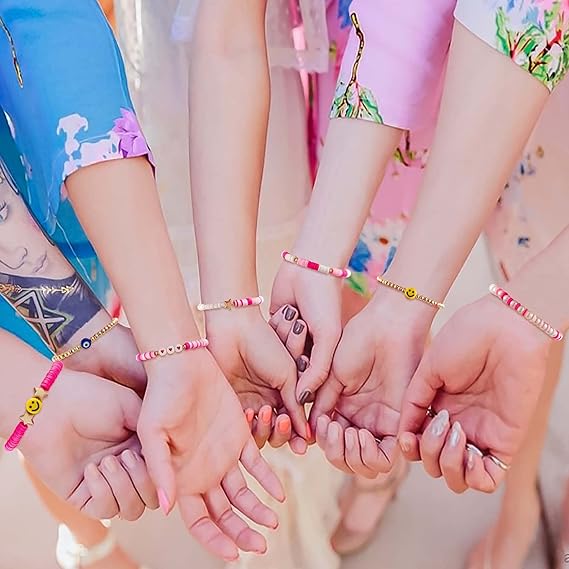 Vembley Trendy 7-Layer Pink and Gold Beaded Stackable Bracelet Set for Women with Smiley, Heart & Star Charms Chic Multilayer Stretch Boho Wrist Jewelry