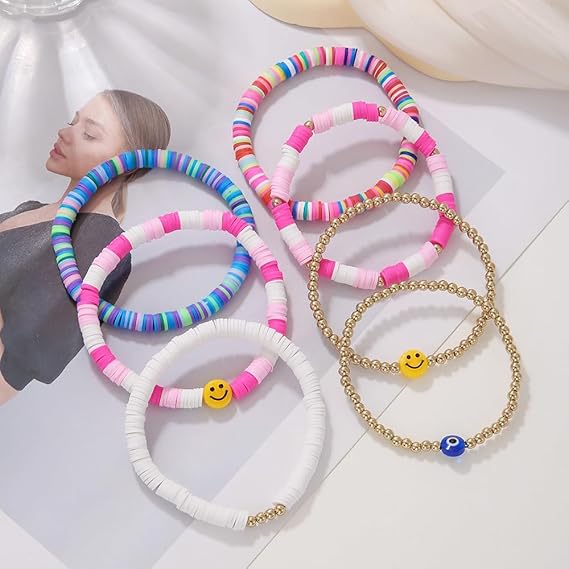 Vembley Trendy 7-Layer Multi and Gold Beaded Stackable Bracelet Set for Women with Smiley, Heart & Star Charms Chic Multilayer Stretch Boho Wrist Jewelry