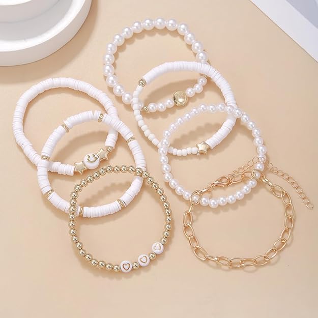 Vembley Trendy 7-Layer White and Gold Beaded Stackable Bracelet Set for Women with Smiley, Heart & Star Charms Chic Multilayer Stretch Boho Wrist Jewelry