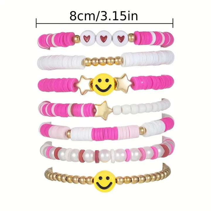 Vembley Trendy 7-Layer Pink and Gold Beaded Stackable Bracelet Set for Women with Smiley, Heart & Star Charms Chic Multilayer Stretch Boho Wrist Jewelry
