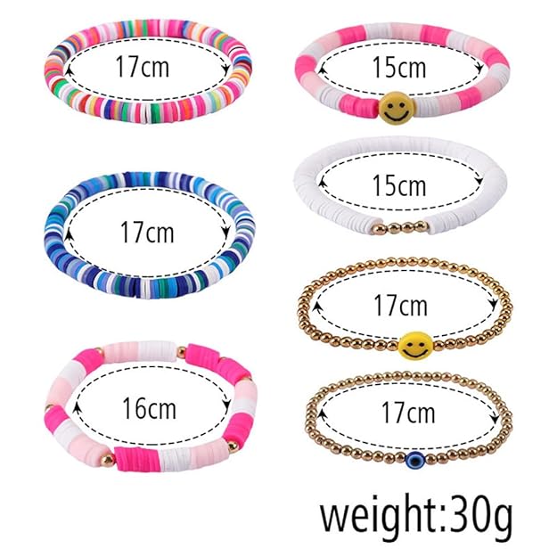 Vembley Trendy 7-Layer Multi and Gold Beaded Stackable Bracelet Set for Women with Smiley, Heart & Star Charms Chic Multilayer Stretch Boho Wrist Jewelry