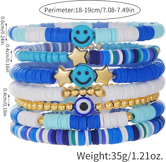 Vembley Trendy 7-Layer Blue and Gold Beaded Stackable Bracelet Set for Women with Smiley, Heart & Star Charms Chic Multilayer Stretch Boho Wrist Jewelry