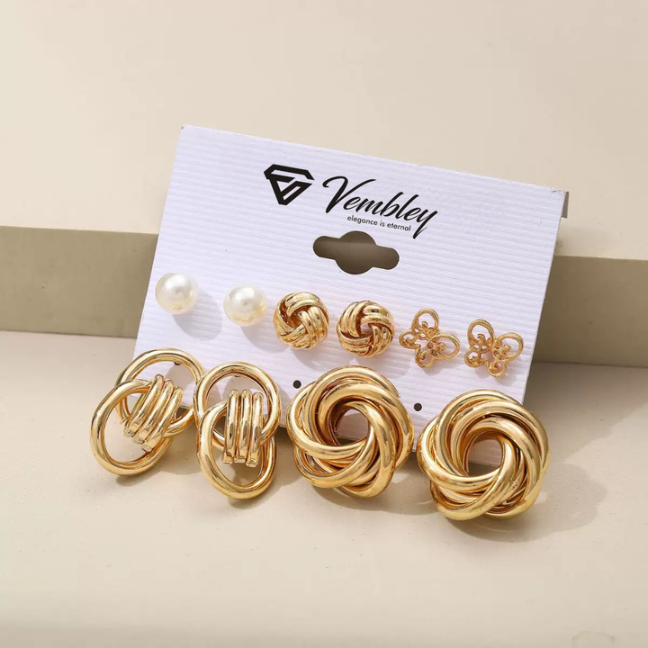 Vembley Elegant Gold Knot Pearl Butterfly Stud Earring Combo Set Women