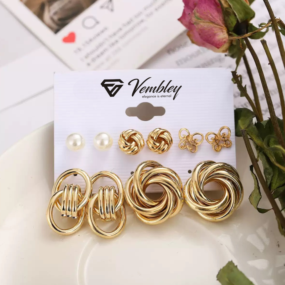 Vembley Elegant Gold Knot Pearl Butterfly Stud Earring Combo Set Women