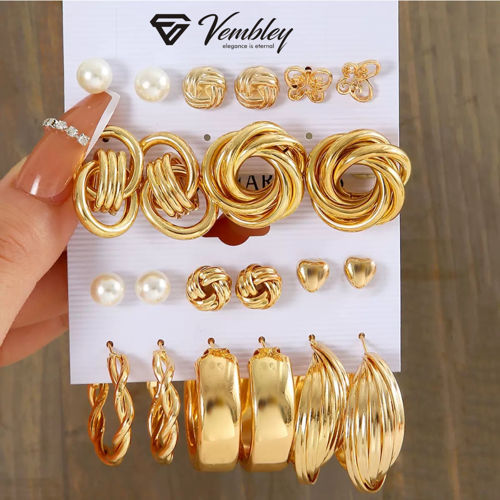 Vembley Luxury Combo Of 11 Pair Gold Hoop Knot Pearl Stud Earring Set for Women