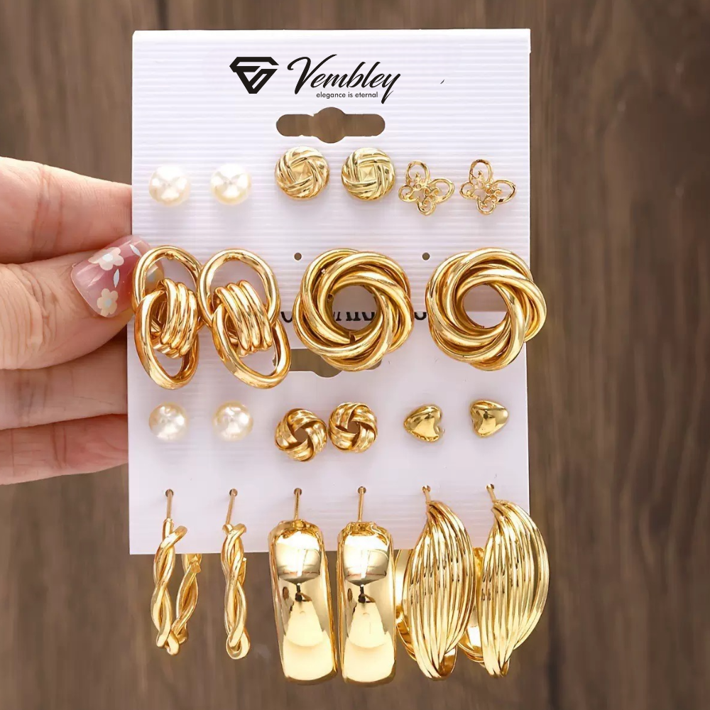 Vembley Luxury Combo Of 11 Pair Gold Hoop Knot Pearl Stud Earring Set for Women
